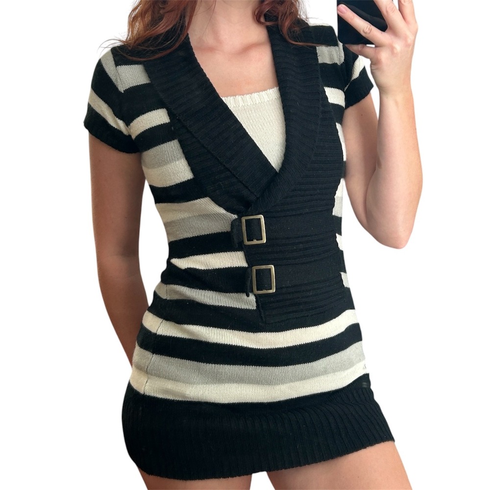 Bobbie Brooks Striped Buckle Knit Sweater Dress Black White Grey XL 14/16